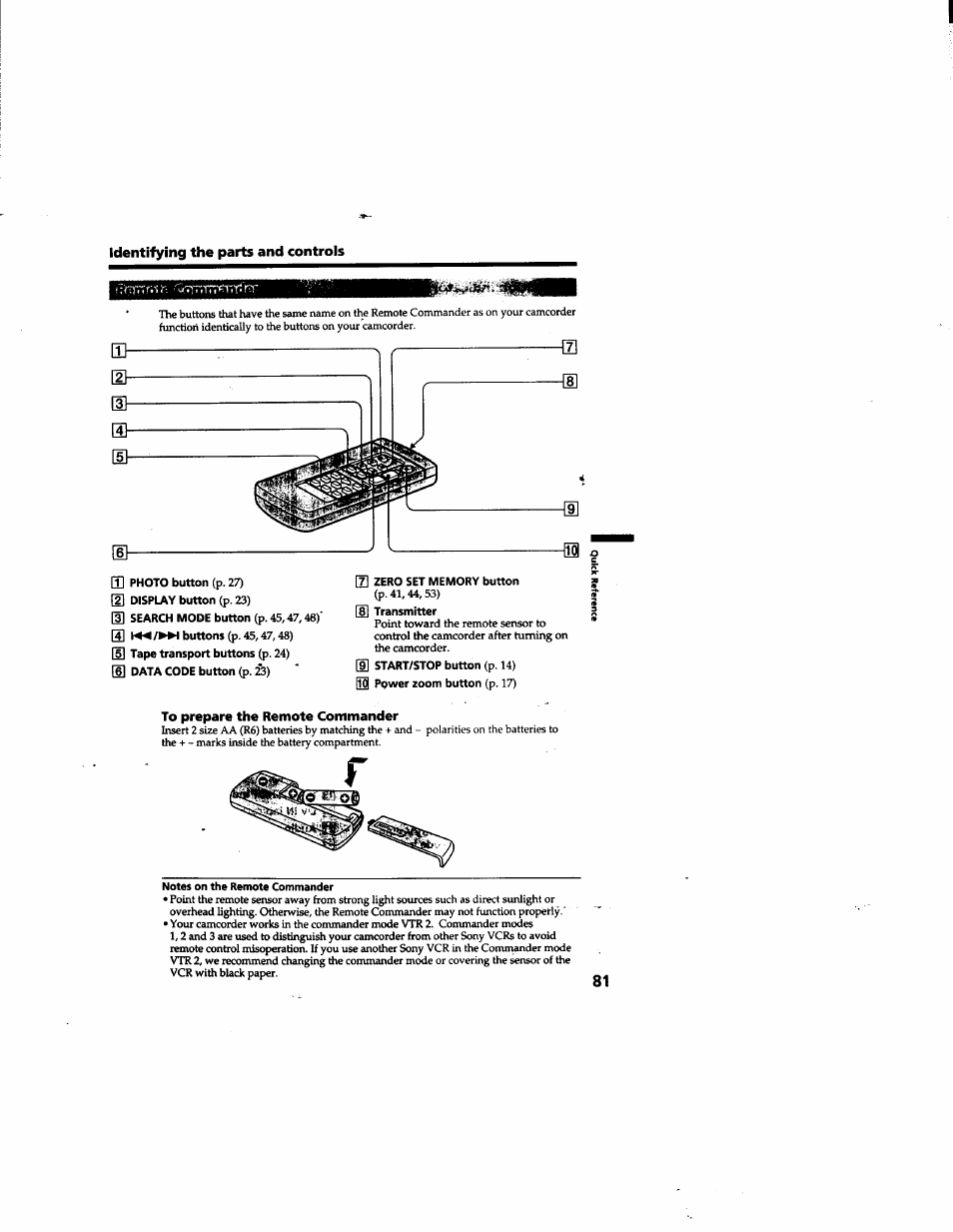 Hi photo button (p. 27) d] display button (p. 23), D tape transport buttons (p. 24), S data code button (p. 23) | 7] zero set memory button, P. 41,44,53), M transmitter, S start/stop button (p. 14), 53 ppwer zoom button (p. 17), To prepare the remote commander | Sony DCR-TRV315 User Manual | Page 81 / 84