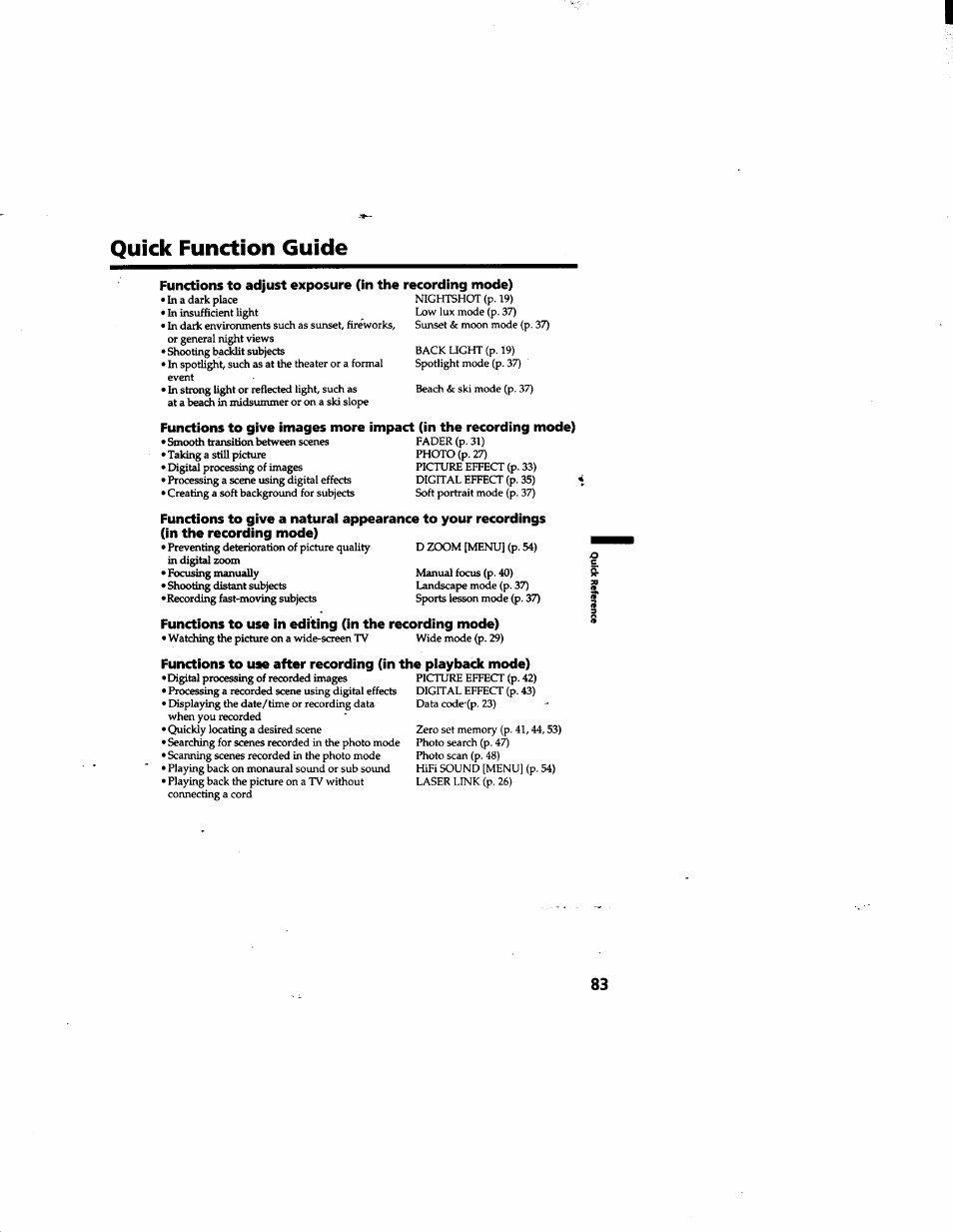 Quick function guide | Sony DCR-TRV315 User Manual | Page 83 / 84