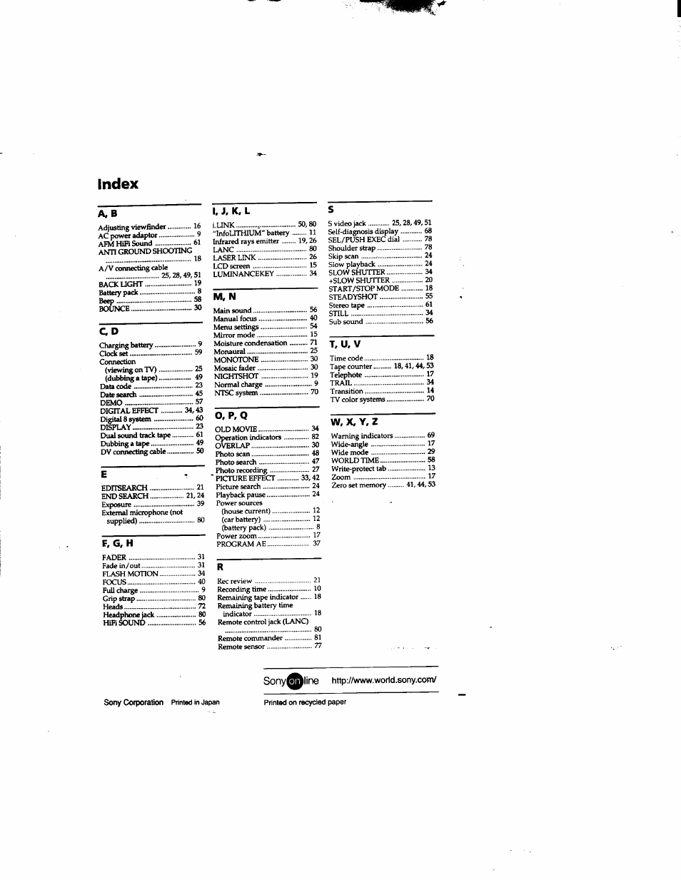 Index | Sony DCR-TRV315 User Manual | Page 84 / 84