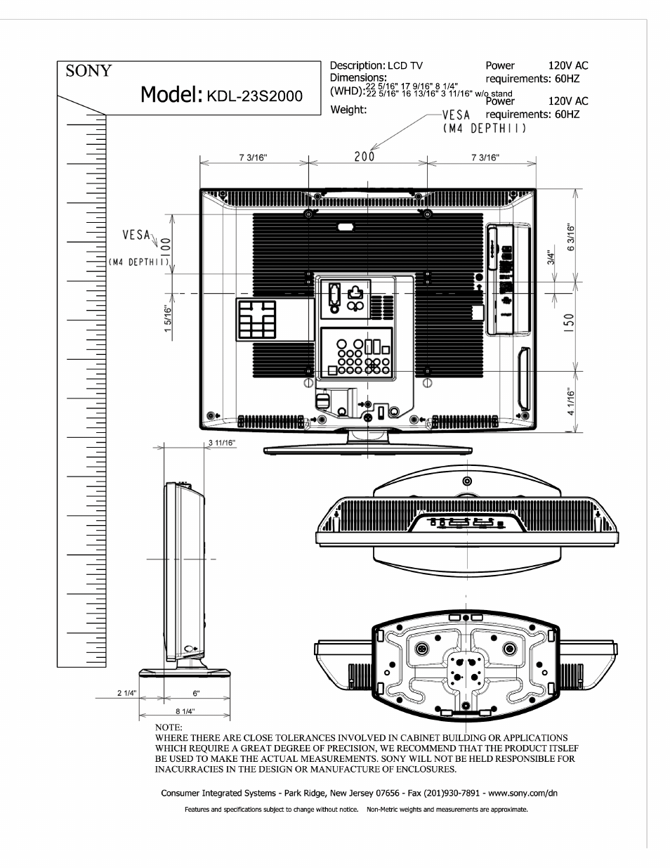 Model, Sony | Sony KDL-23S2010 User Manual | Page 2 / 2