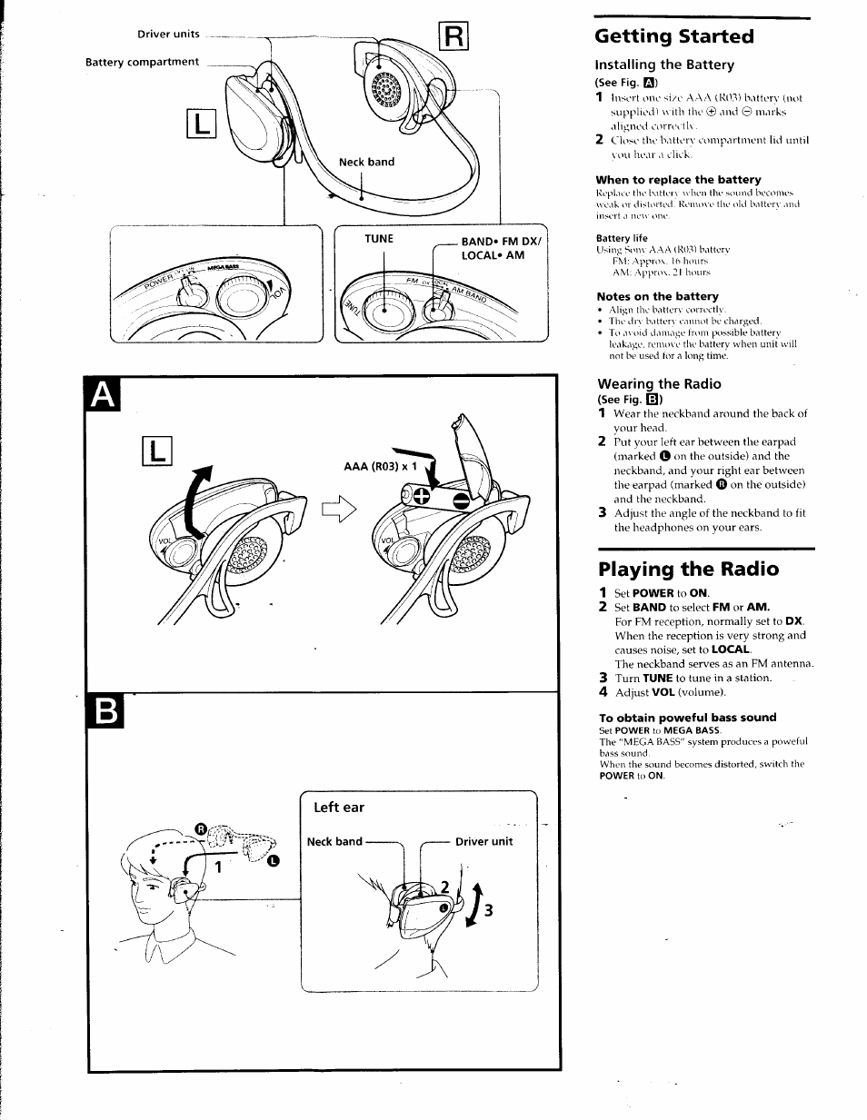 Getting started, When to replace the battery, Notes on the battery | Playing the radio, Set power to on, To obtain poweful bass sound | Sony SRF-H5 User Manual | Page 2 / 2