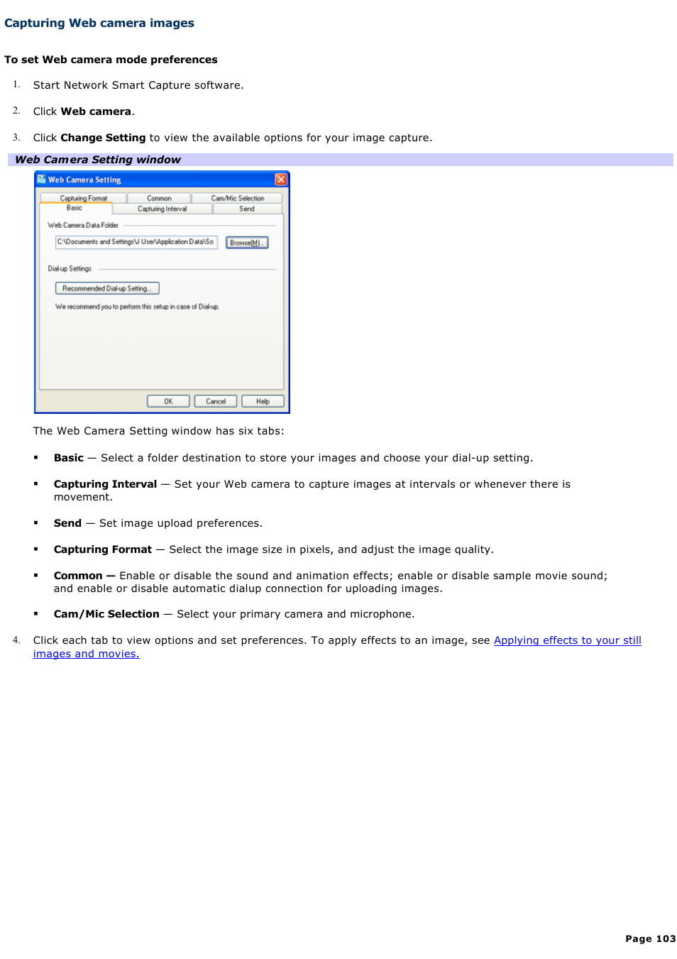 Capturing web camera images | Sony PCV-RS310 User Manual | Page 103 / 161