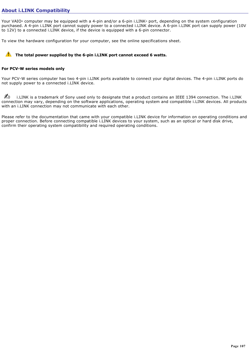 About i.link compatibility | Sony PCV-RS310 User Manual | Page 107 / 161