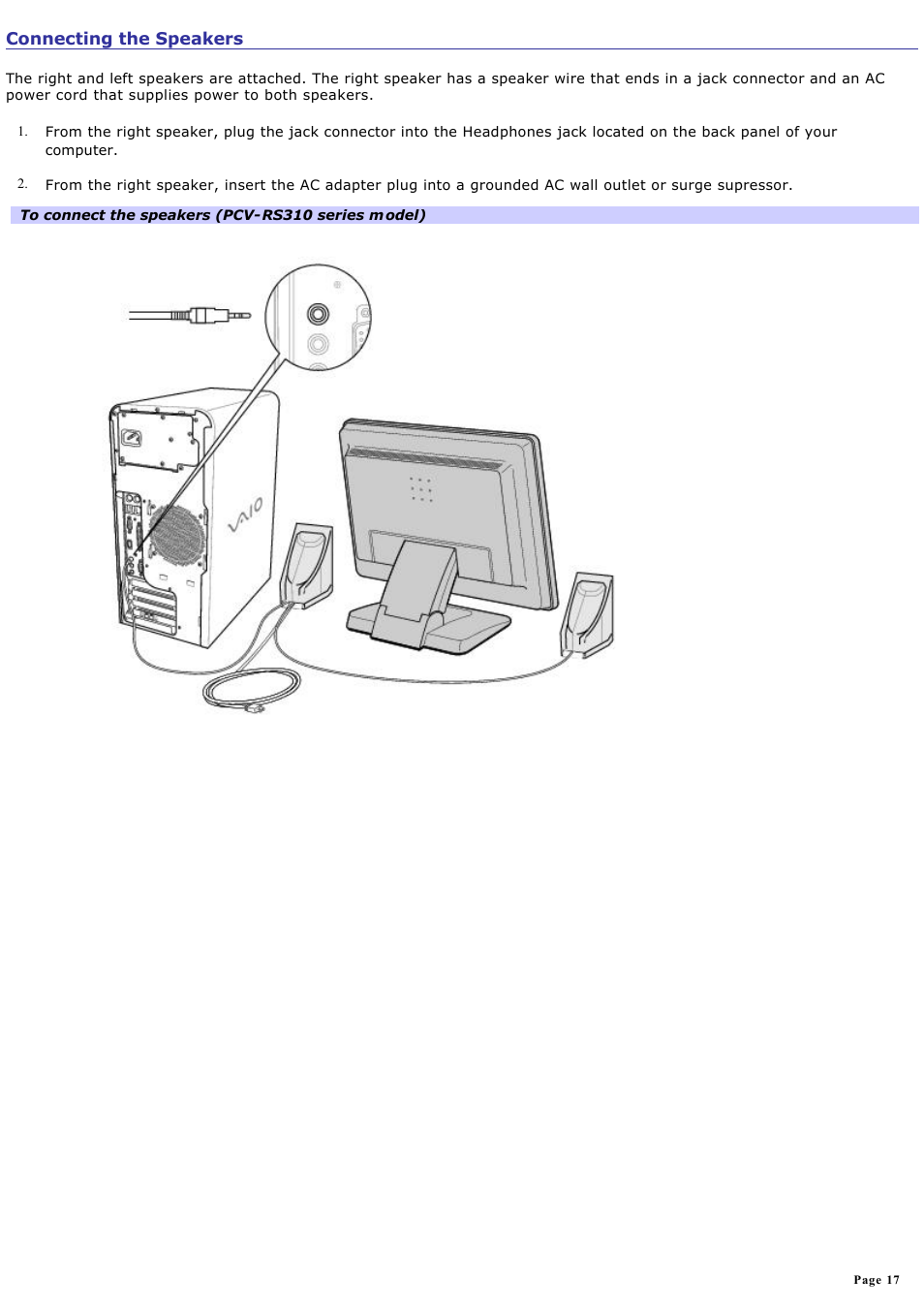 Connecting the speakers | Sony PCV-RS310 User Manual | Page 17 / 161