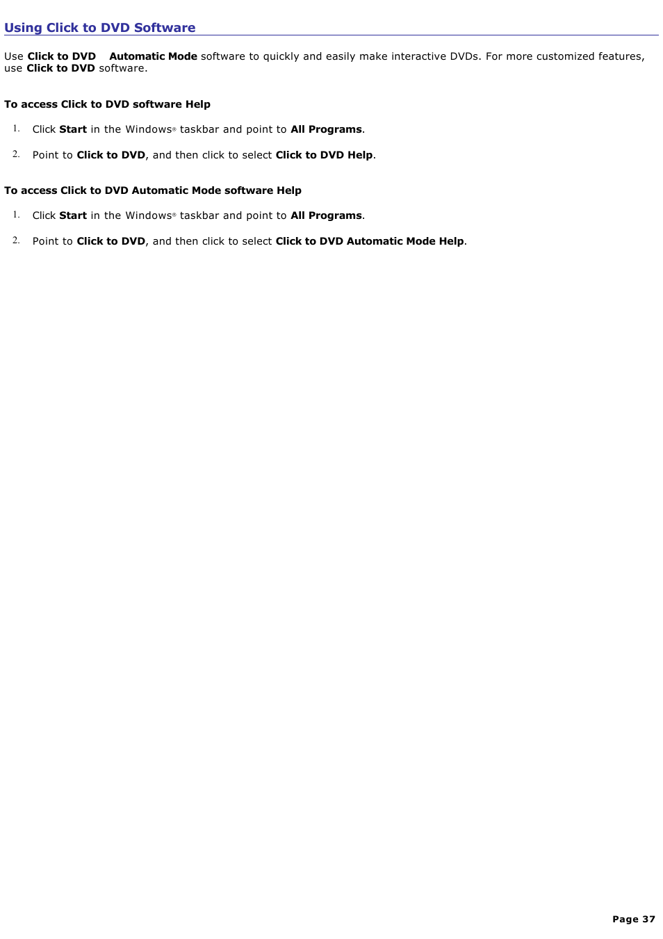 Using click to dvd software | Sony PCV-RS310 User Manual | Page 37 / 161