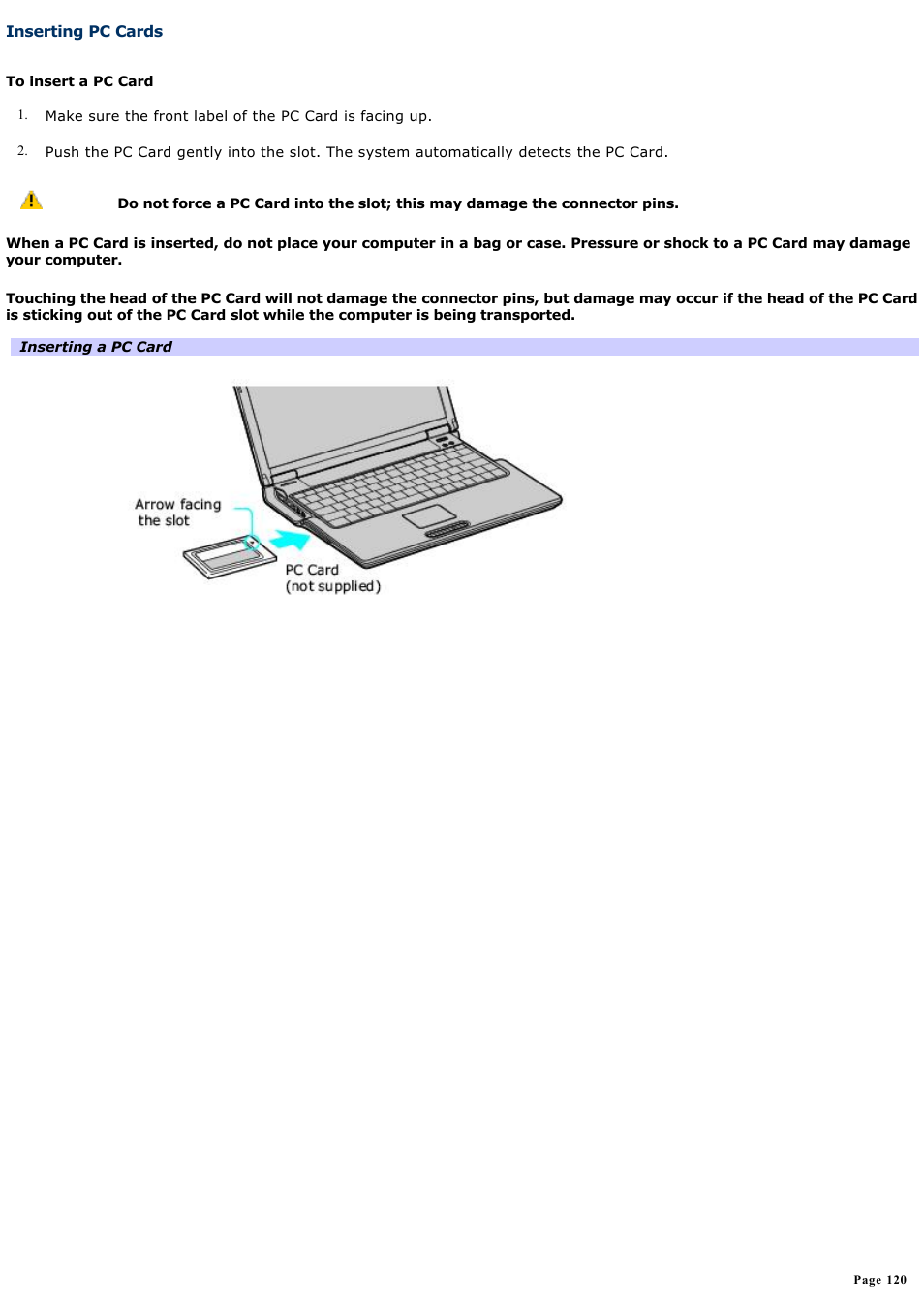 Inserting pc cards | Sony PCG-Z1VAP1 User Manual | Page 120 / 170