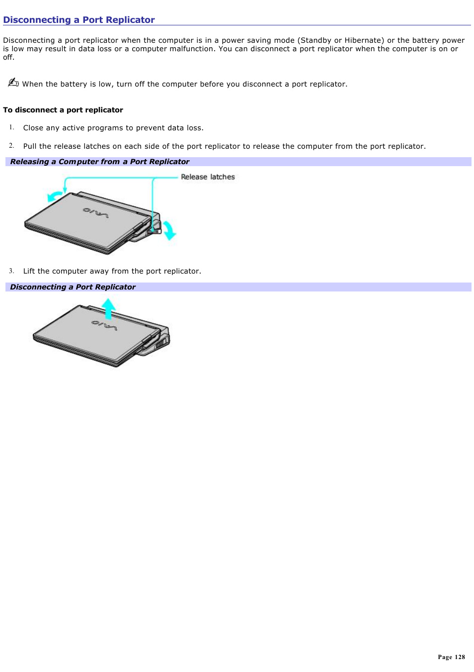 Disconnecting a port replicator | Sony PCG-Z1VAP1 User Manual | Page 128 / 170