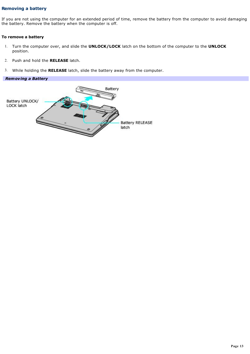 Removing a battery | Sony PCG-Z1VAP1 User Manual | Page 13 / 170