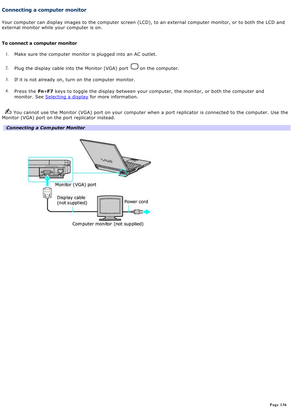 Connecting a computer monitor | Sony PCG-Z1VAP1 User Manual | Page 136 / 170