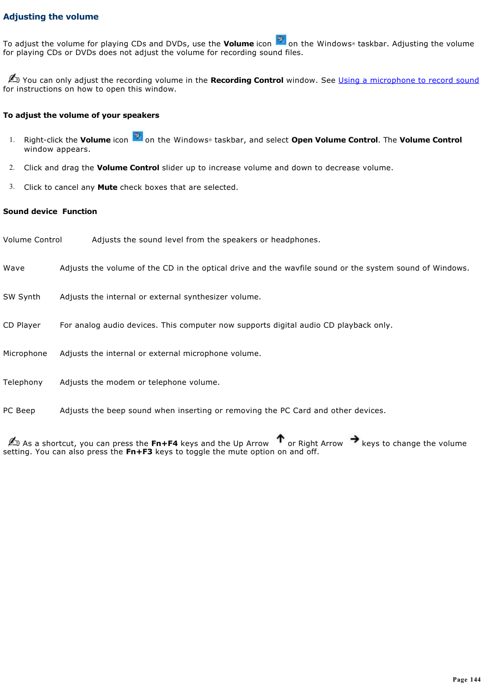 Adjusting the volume | Sony PCG-Z1VAP1 User Manual | Page 144 / 170