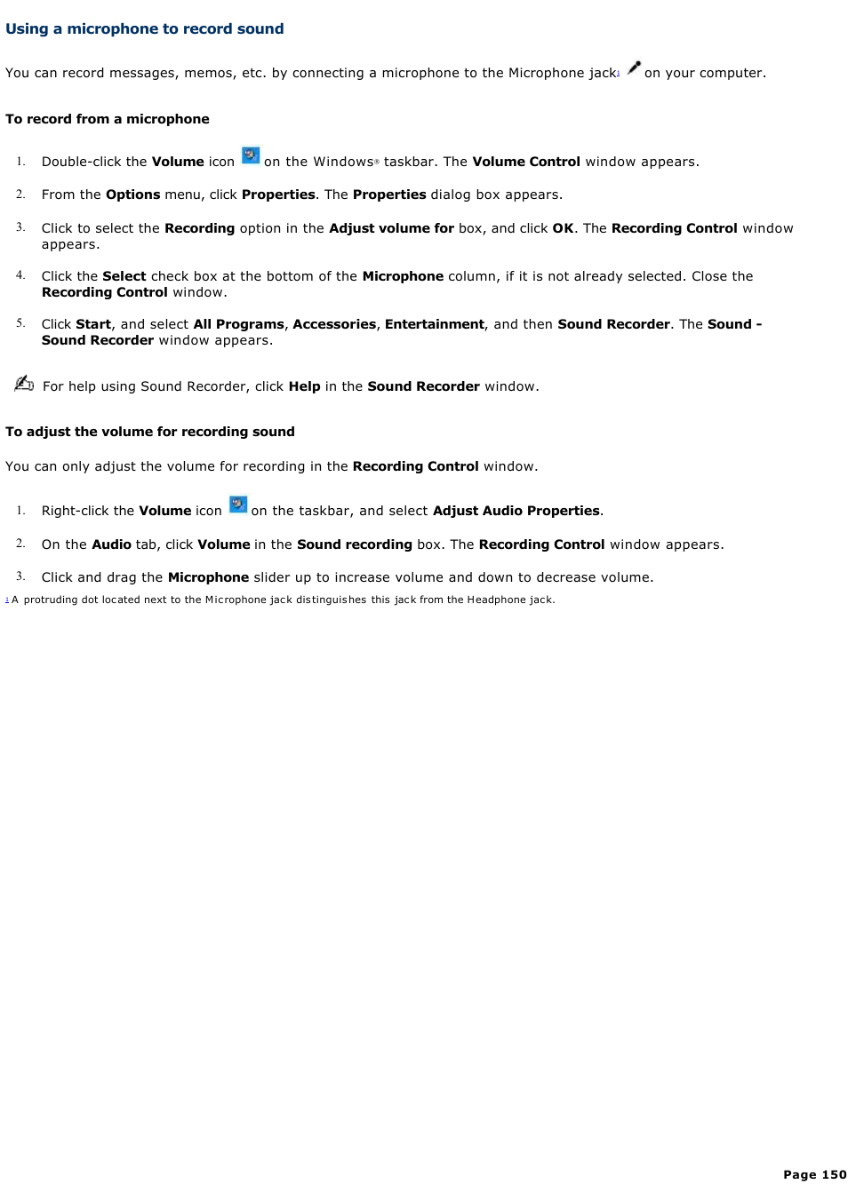 Using a microphone to record sound | Sony PCG-Z1VAP1 User Manual | Page 150 / 170