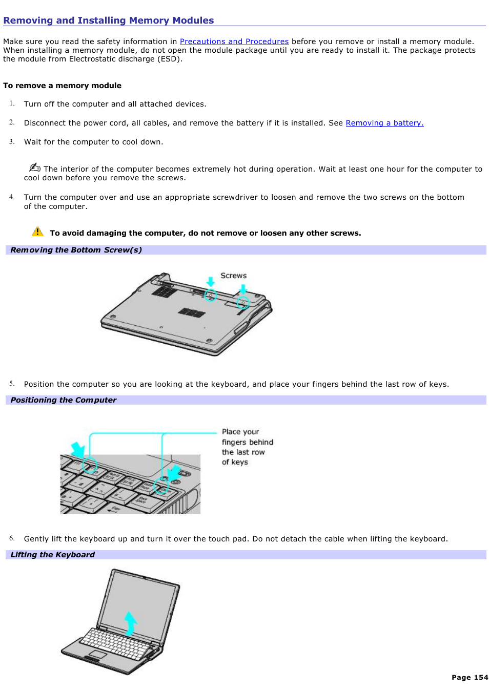 Removing and installing memory modules | Sony PCG-Z1VAP1 User Manual | Page 154 / 170