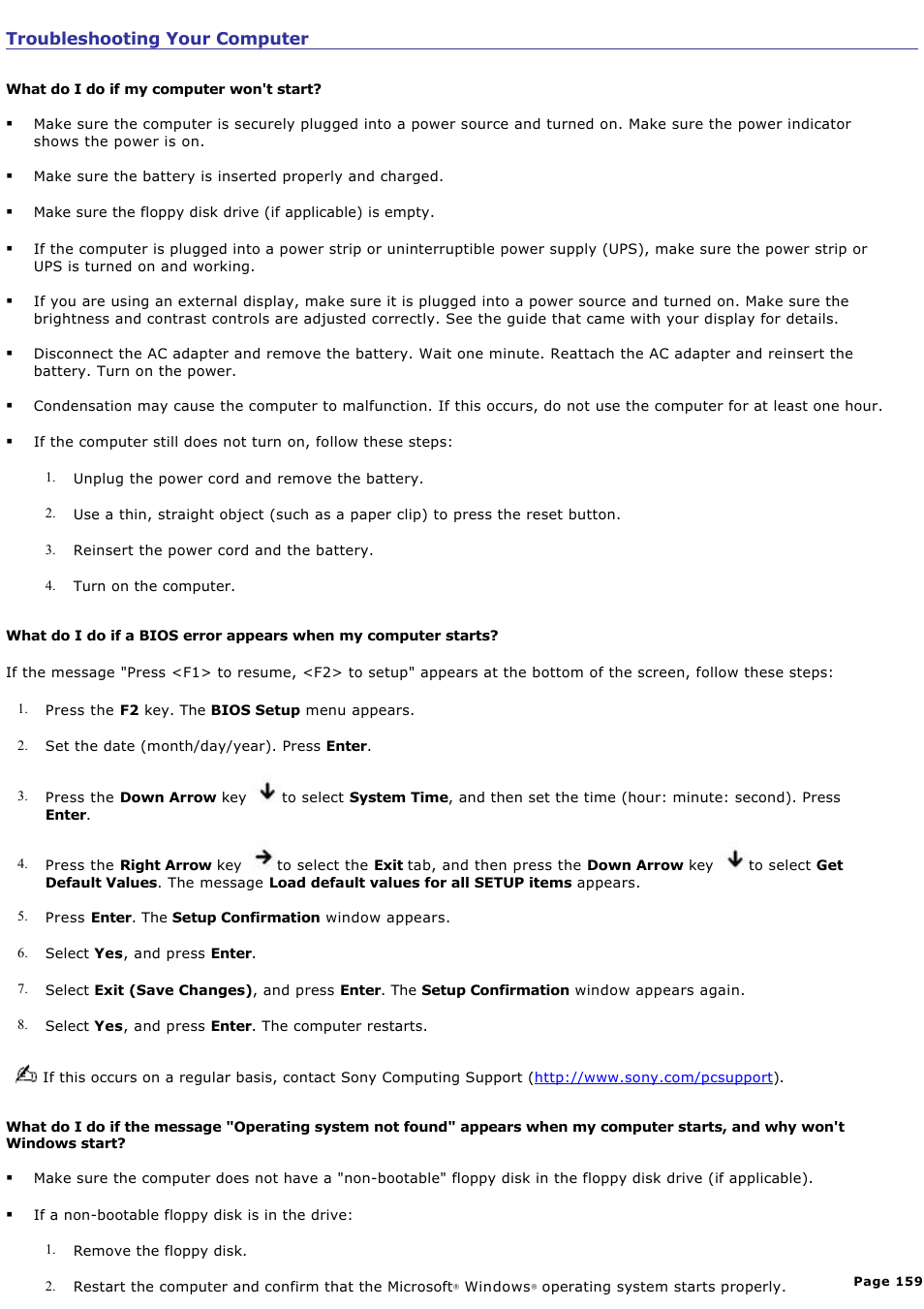 Troubleshooting your computer | Sony PCG-Z1VAP1 User Manual | Page 159 / 170