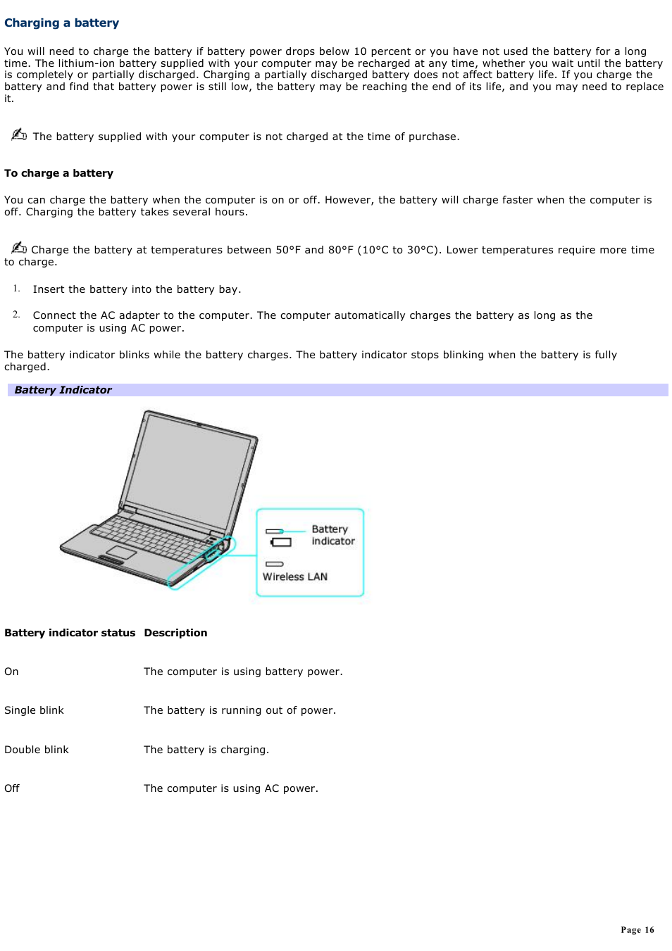 Charging a battery | Sony PCG-Z1VAP1 User Manual | Page 16 / 170