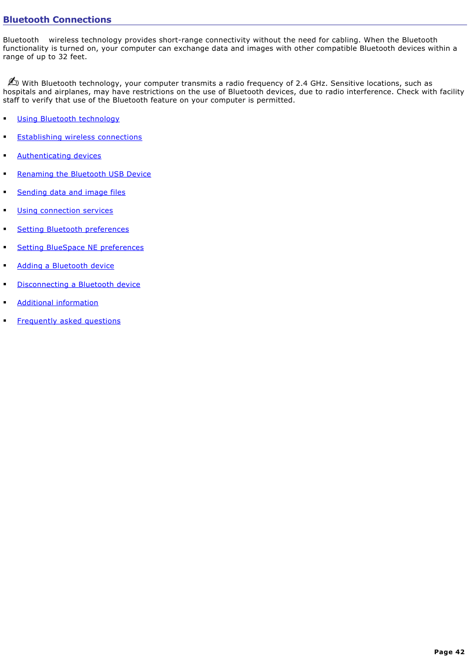 Bluetooth connections | Sony PCG-Z1VAP1 User Manual | Page 42 / 170