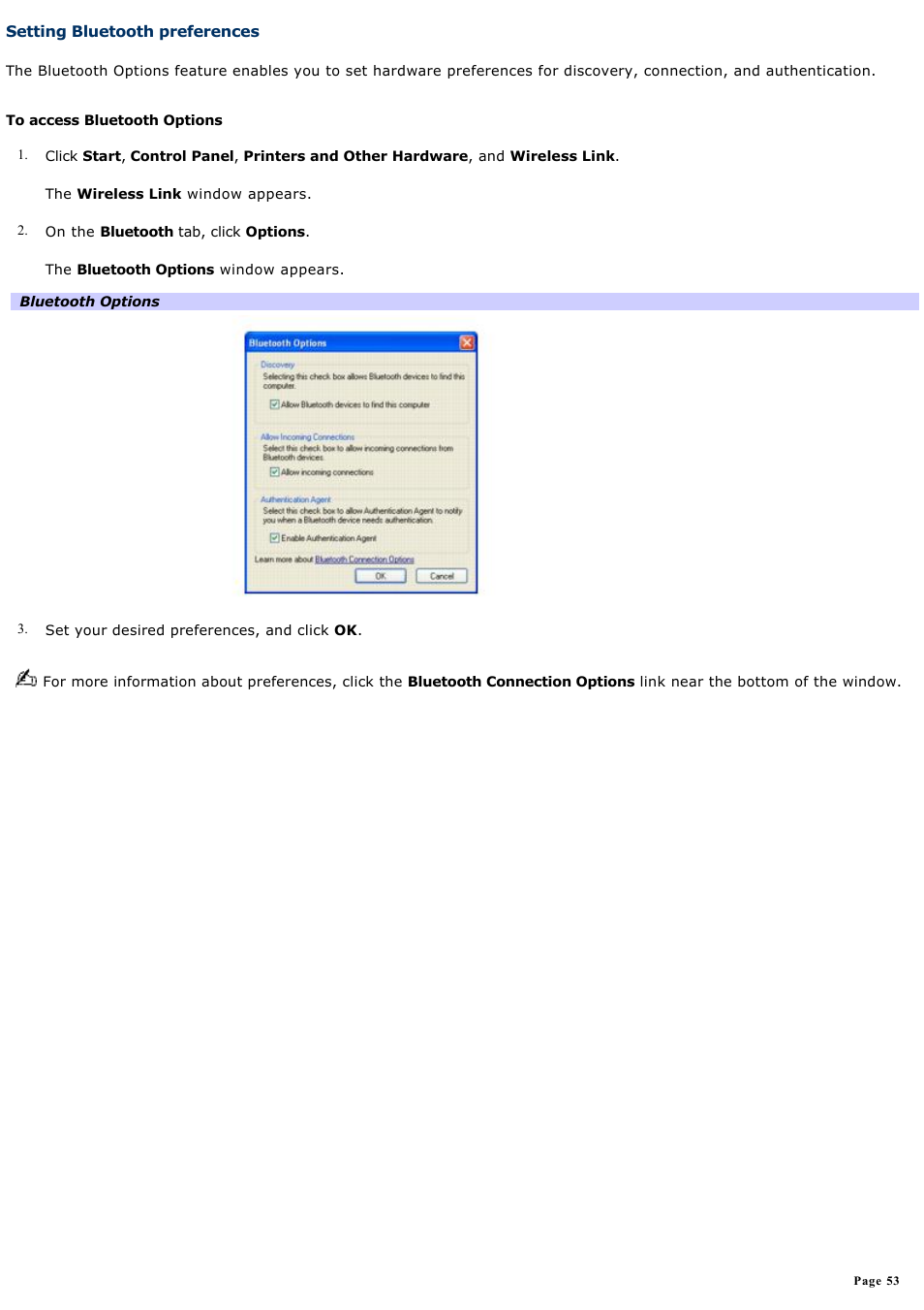 Setting bluetooth preferences | Sony PCG-Z1VAP1 User Manual | Page 53 / 170