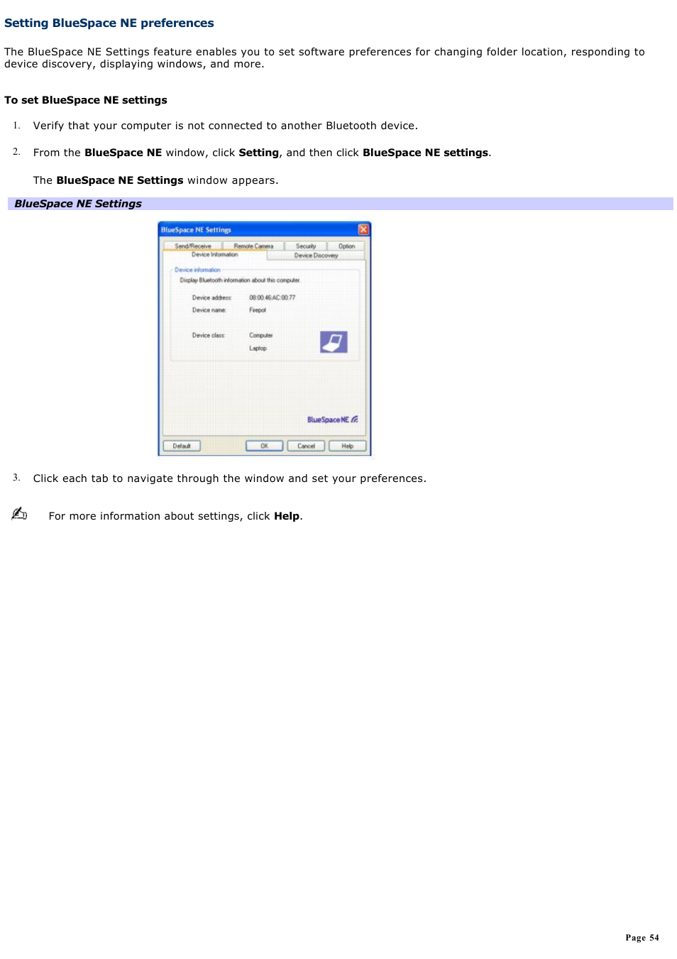 Setting bluespace ne preferences | Sony PCG-Z1VAP1 User Manual | Page 54 / 170