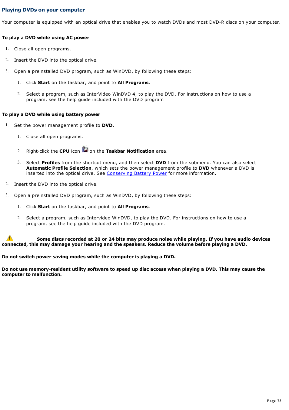 Playing dvds on your computer | Sony PCG-Z1VAP1 User Manual | Page 73 / 170