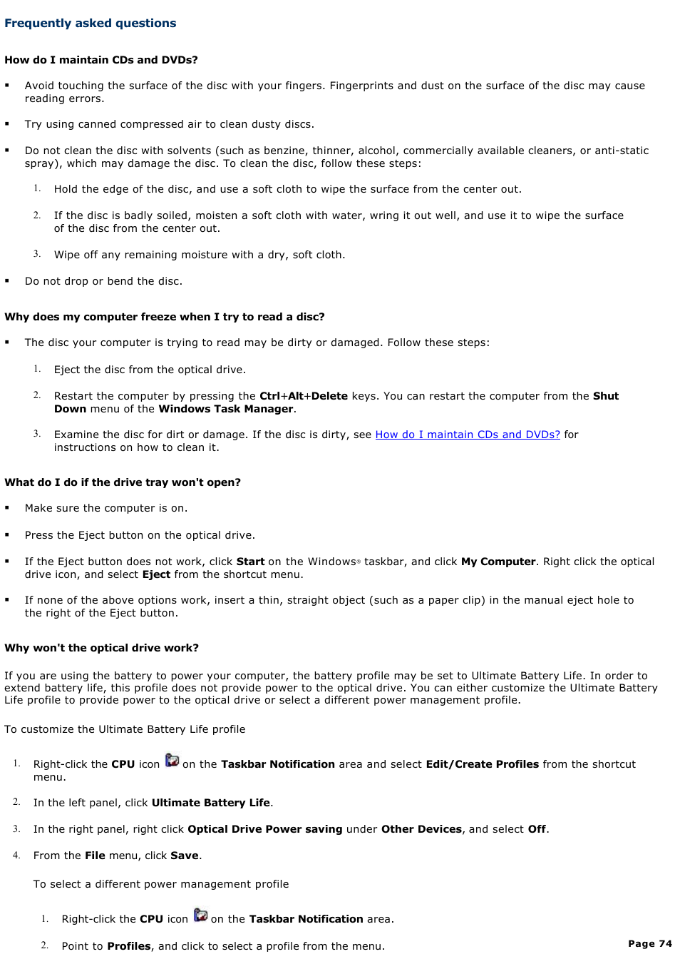 Frequently asked questions | Sony PCG-Z1VAP1 User Manual | Page 74 / 170