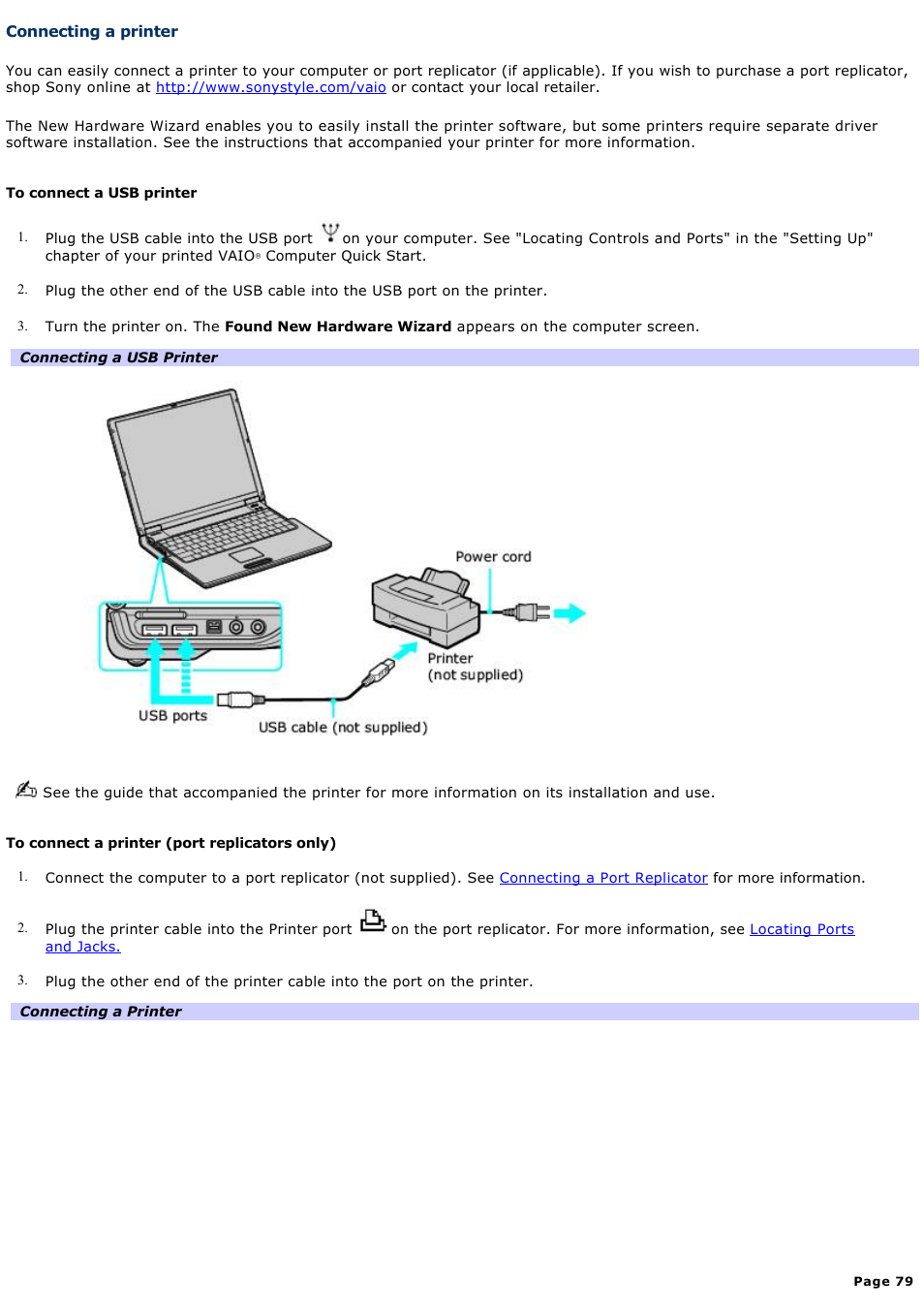 Connecting a printer | Sony PCG-Z1VAP1 User Manual | Page 79 / 170