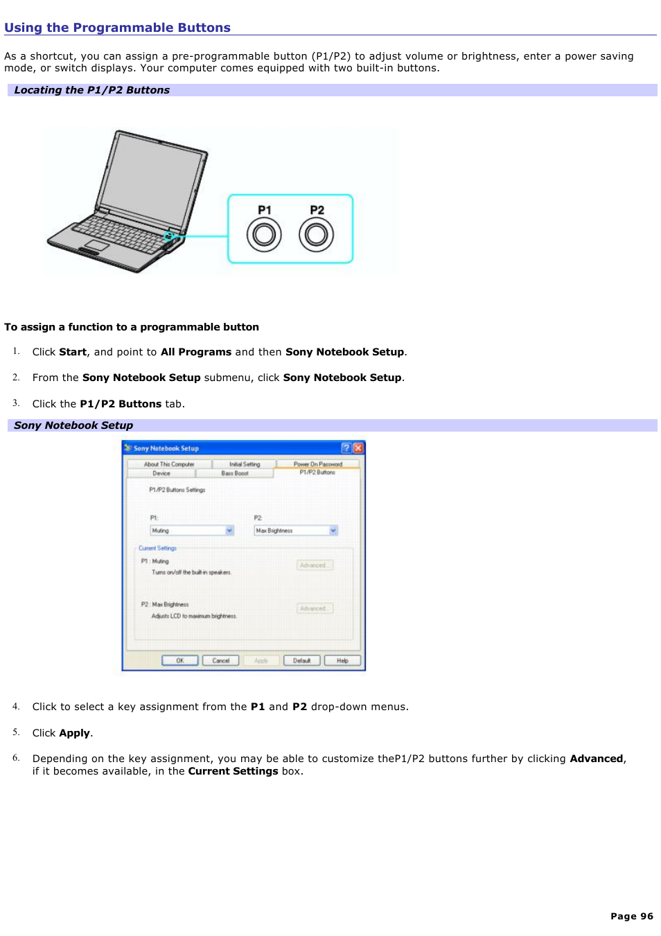 Using the programmable buttons | Sony PCG-Z1VAP1 User Manual | Page 96 / 170