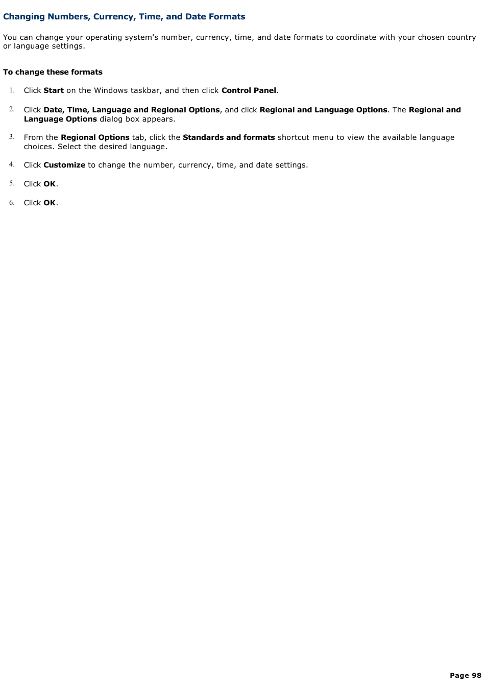 Changing numbers, currency, time, and date formats | Sony PCG-Z1VAP1 User Manual | Page 98 / 170