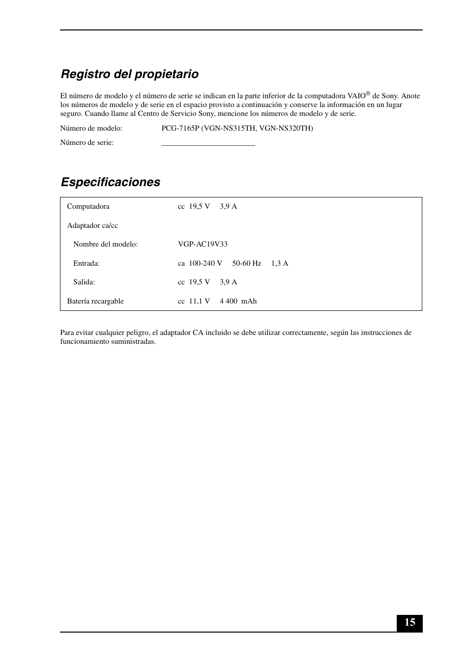 Registro del propietario, Especificaciones | Sony VGN-NS330J User Manual | Page 15 / 20