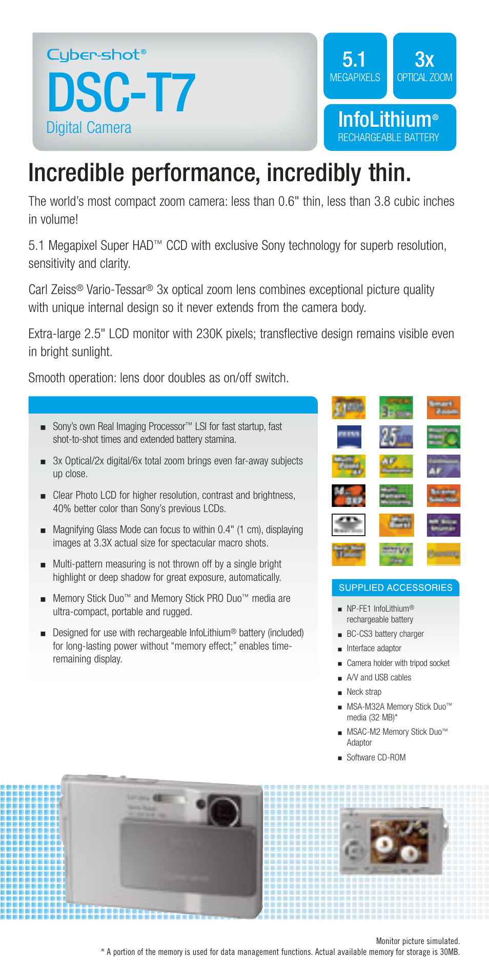 Dsc-t7, Incredible performance, incredibly thin, Infolithium | Digital camera | Sony DSC-R1 User Manual | Page 11 / 19
