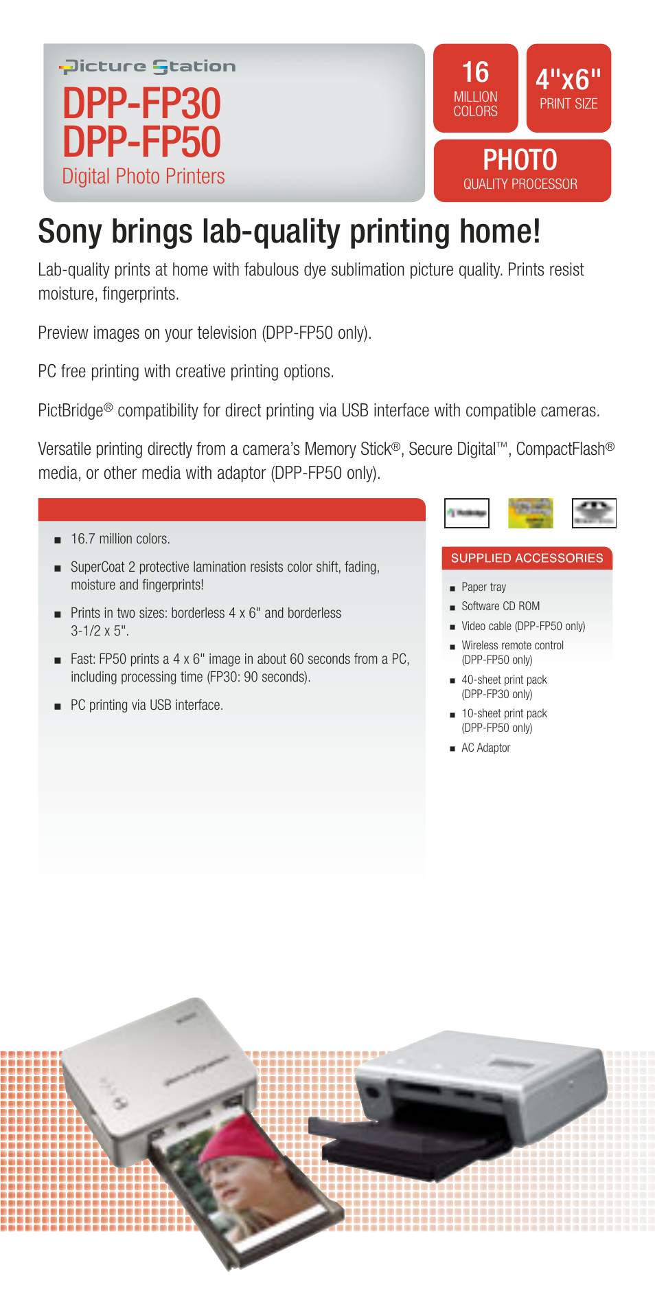 Dpp-fp30 dpp-fp50, Sony brings lab-quality printing home, 4"x6 | Photo, Digital photo printers | Sony DSC-R1 User Manual | Page 13 / 19