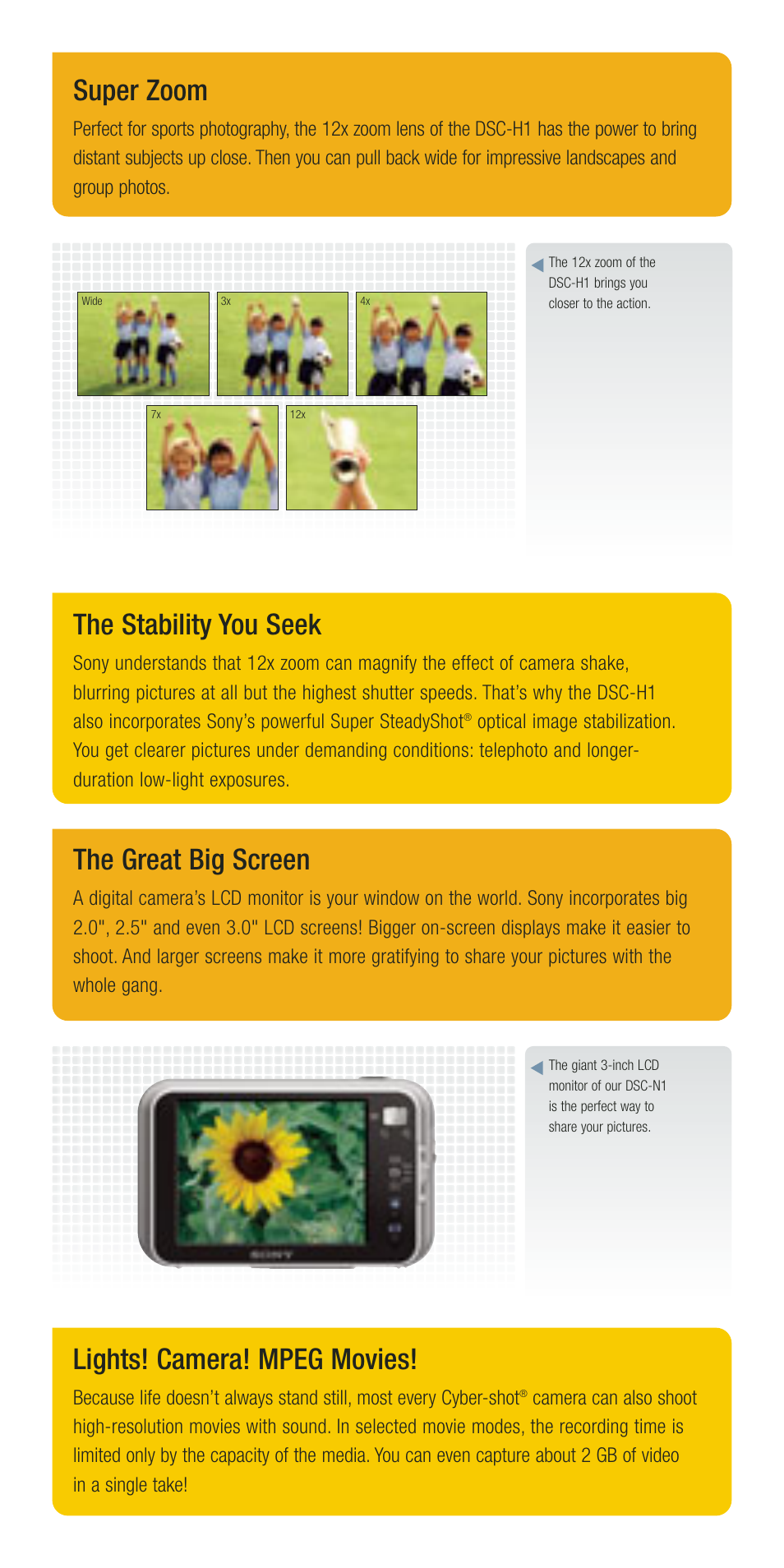 Super zoom, The stability you seek, The great big screen | Lights! camera! mpeg movies | Sony DSC-R1 User Manual | Page 4 / 19