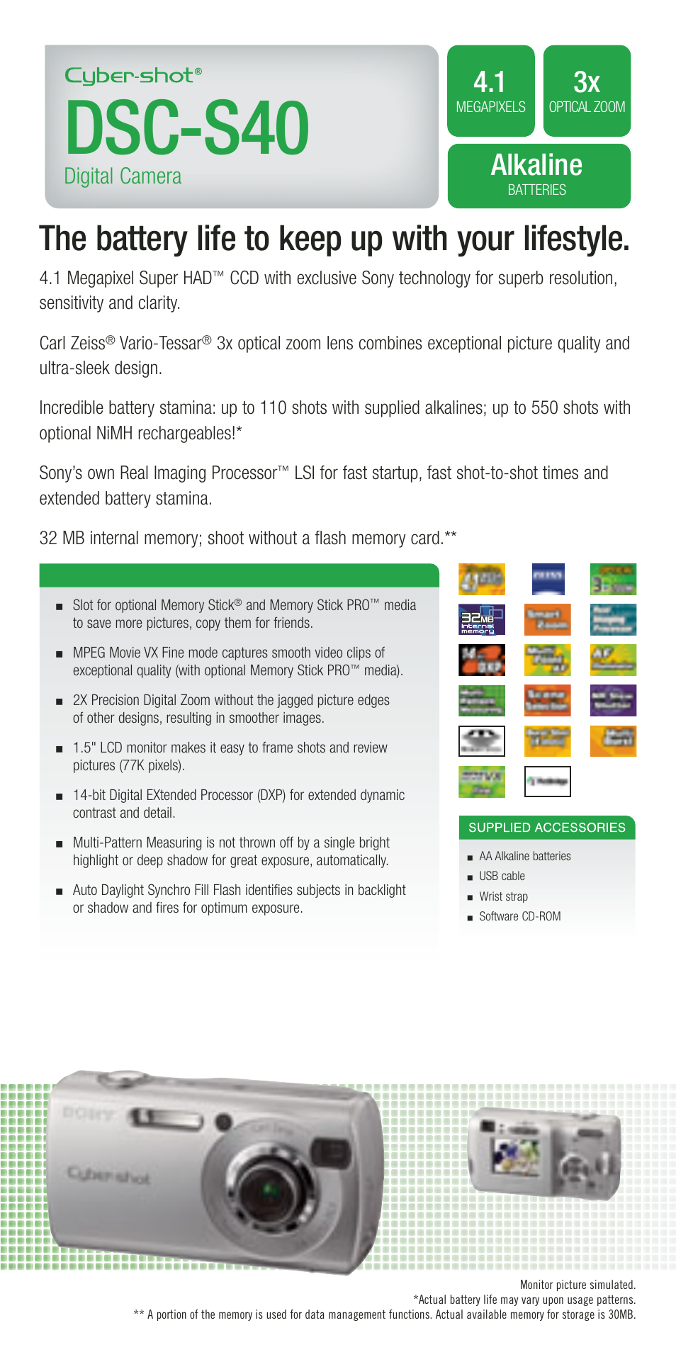 Dsc-s40, The battery life to keep up with your lifestyle, Alkaline | Digital camera | Sony DSC-R1 User Manual | Page 6 / 19