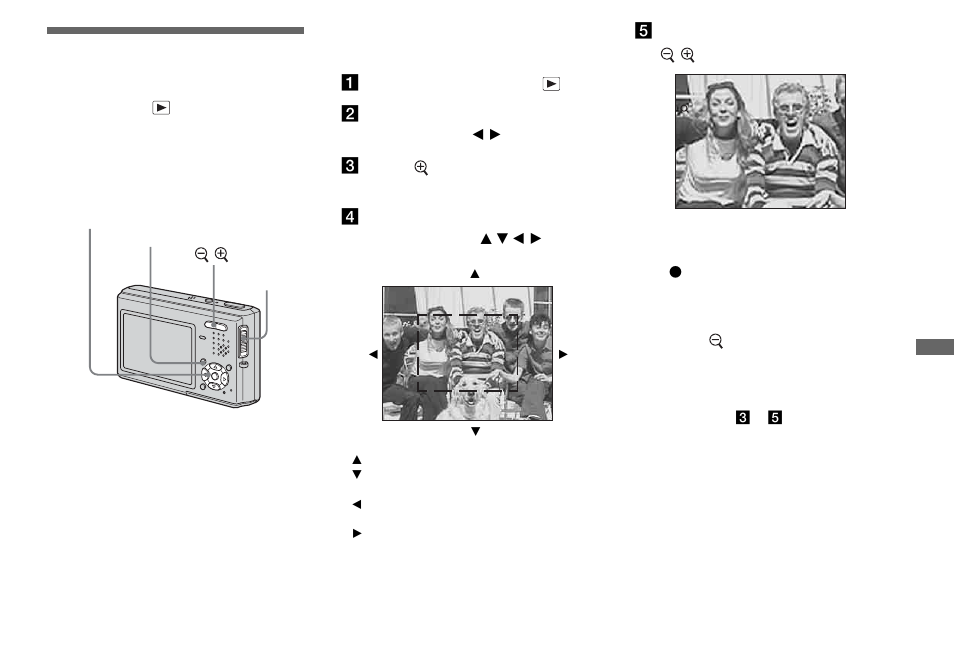 Enlarging a portion of a still image, Enlarging an image — playback zoom, Enlarging an image | Playback zoom | Sony DSC-T1 User Manual | Page 61 / 120