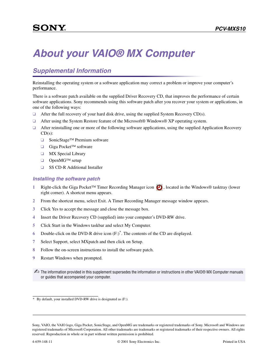 Sony PCV-MXS10 User Manual | 1 page
