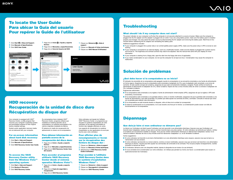 Troubleshooting, Solución de problemas, Dépannage | Sony VGN-FZ180U User Manual | Page 2 / 2