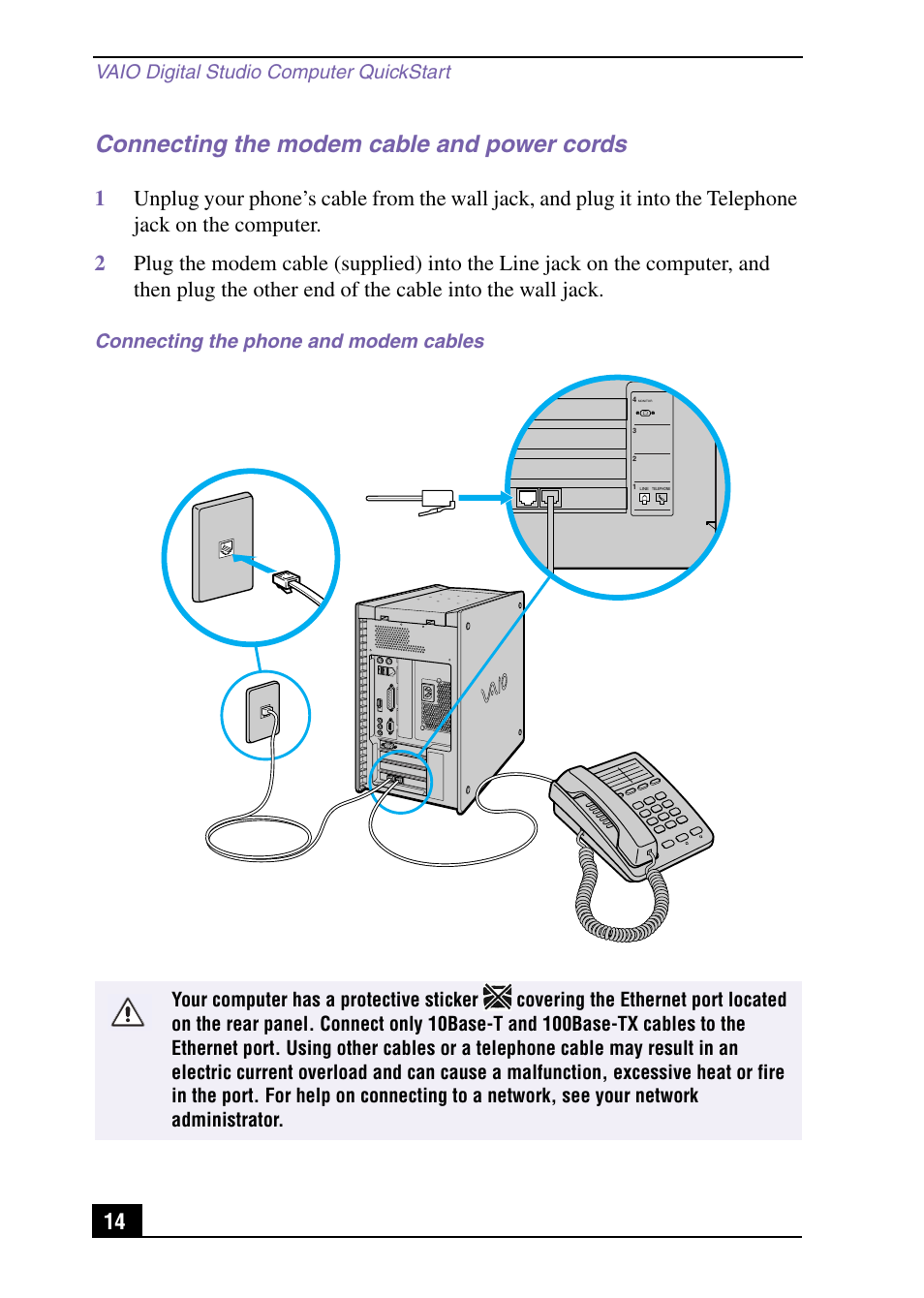 Connecting the modem cable and power cords, Vaio digital studio computer quickstart | Sony PCV-RX571 User Manual | Page 14 / 56