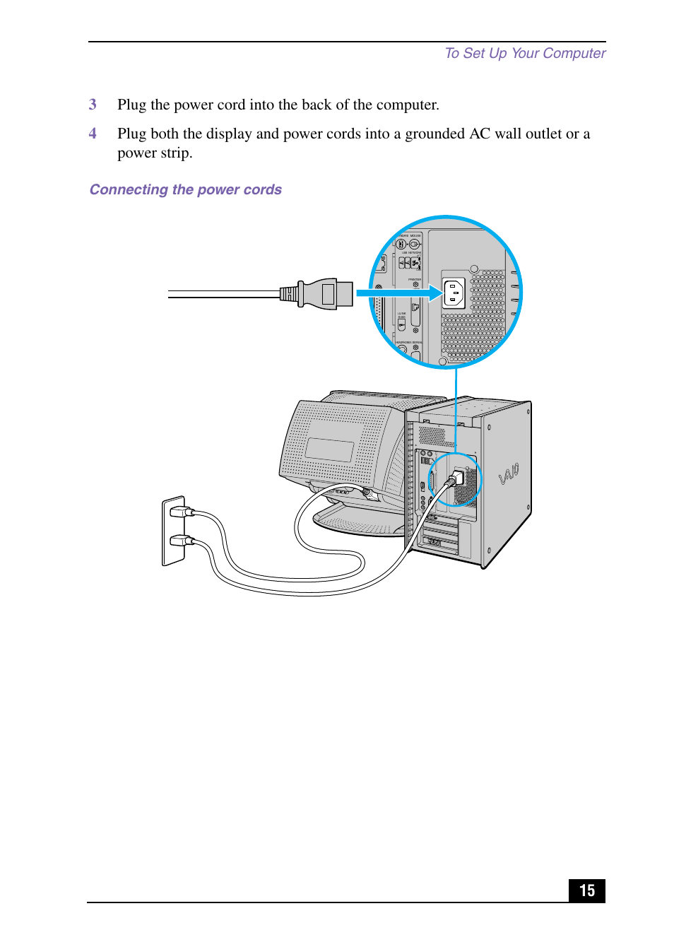 Connecting the power cords | Sony PCV-RX571 User Manual | Page 15 / 56