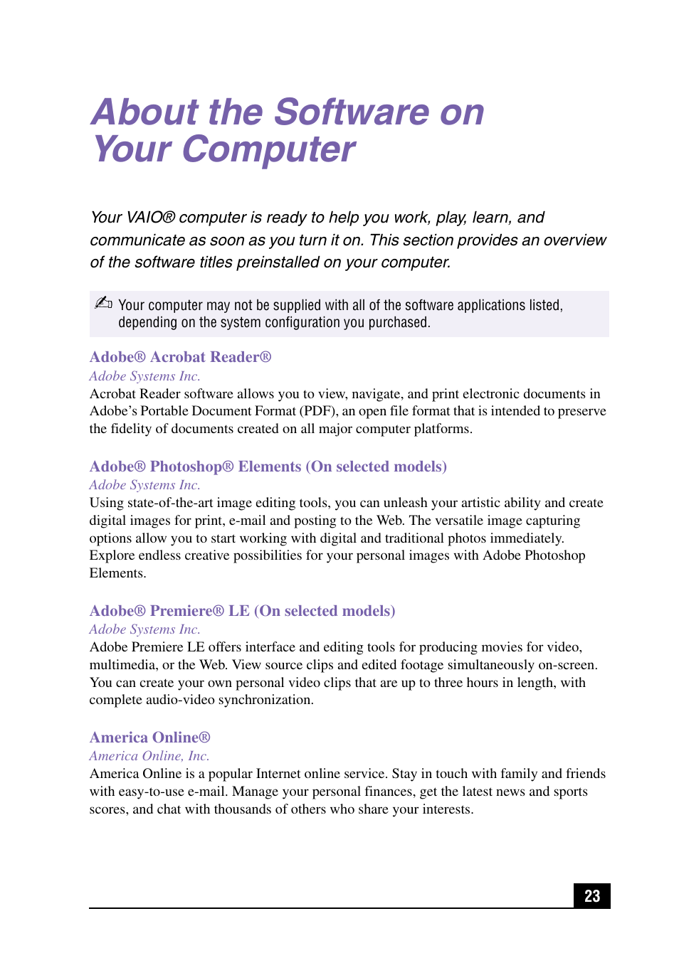 About the software on your computer | Sony PCV-RX571 User Manual | Page 23 / 56