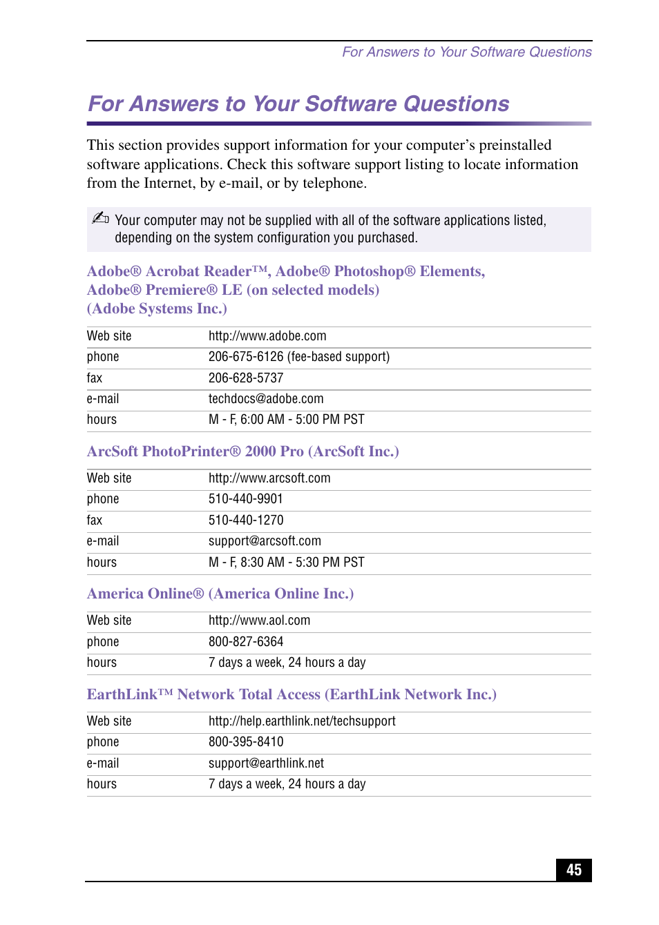 For answers to your software questions | Sony PCV-RX571 User Manual | Page 45 / 56