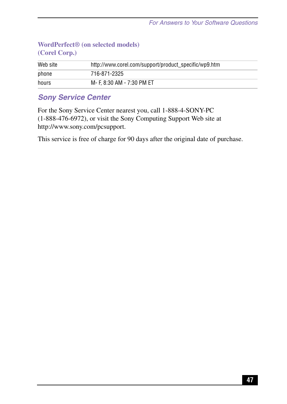 Sony service center | Sony PCV-RX571 User Manual | Page 47 / 56