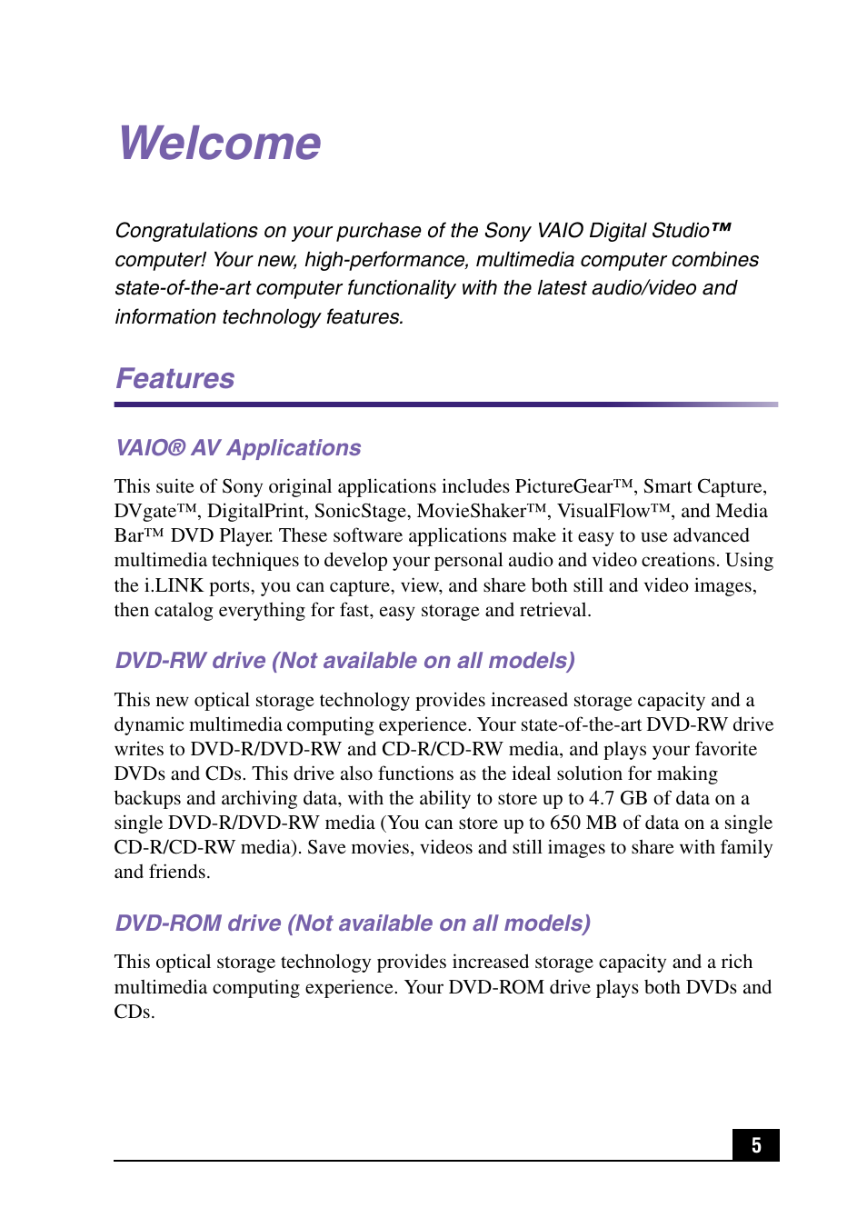 Welcome, Features | Sony PCV-RX571 User Manual | Page 5 / 56