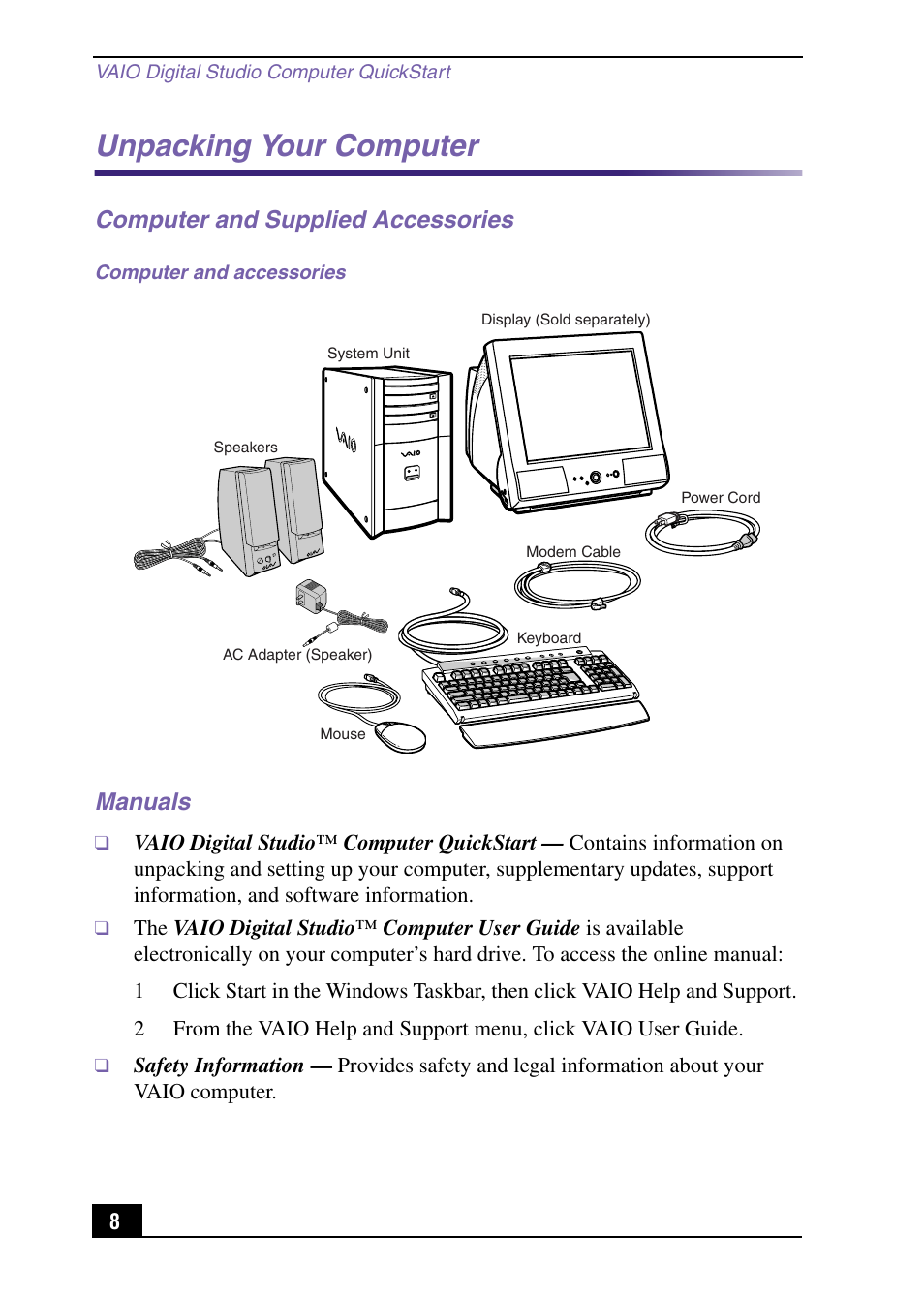 Unpacking your computer, Computer and supplied accessories manuals | Sony PCV-RX571 User Manual | Page 8 / 56