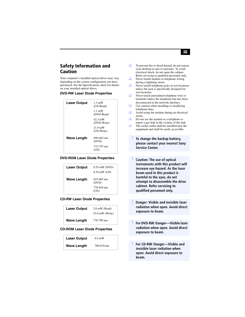 Safety information and caution | Sony PCV-RX640 User Manual | Page 3 / 92