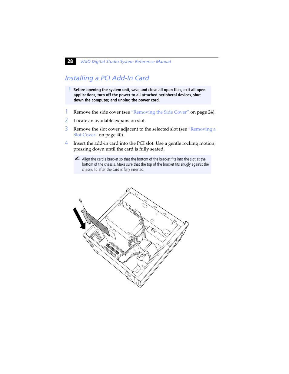 Installing a pci add-in card | Sony PCV-RX640 User Manual | Page 40 / 92