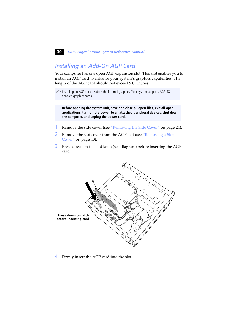 Installing an add-on agp card | Sony PCV-RX640 User Manual | Page 42 / 92