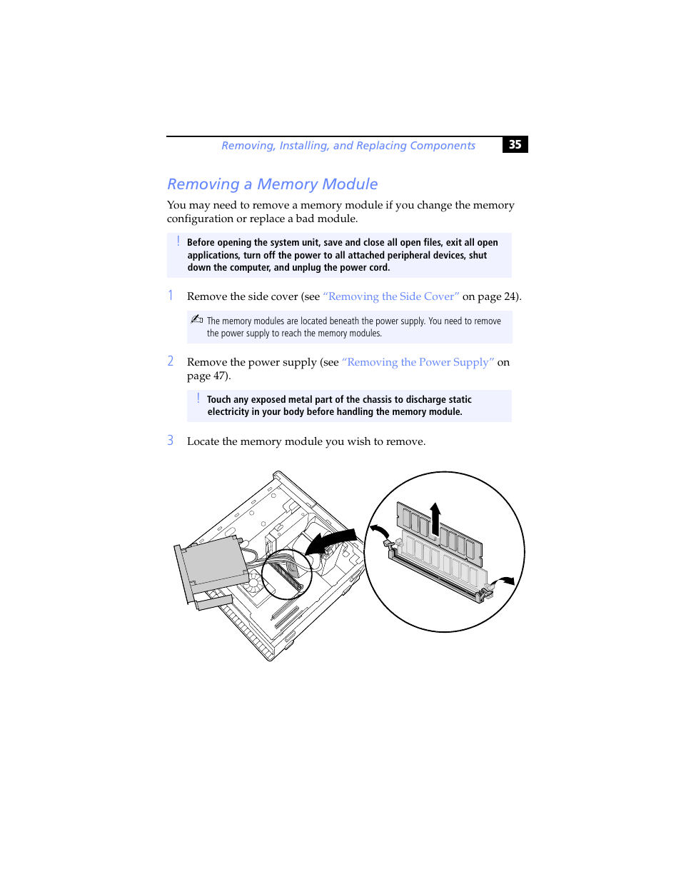 Removing a memory module | Sony PCV-RX640 User Manual | Page 47 / 92