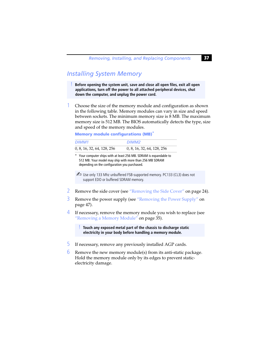 Installing system memory | Sony PCV-RX640 User Manual | Page 49 / 92