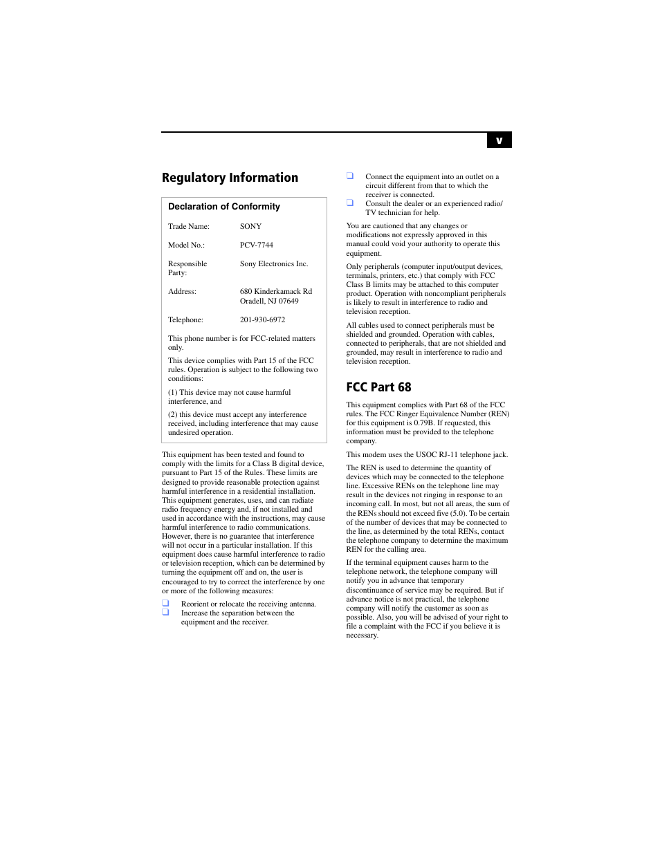 Regulatory information, Fcc part 68 | Sony PCV-RX640 User Manual | Page 5 / 92