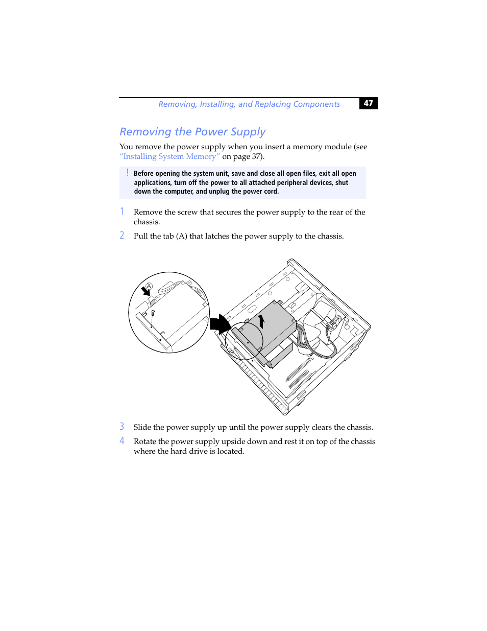 Removing the power supply | Sony PCV-RX640 User Manual | Page 59 / 92