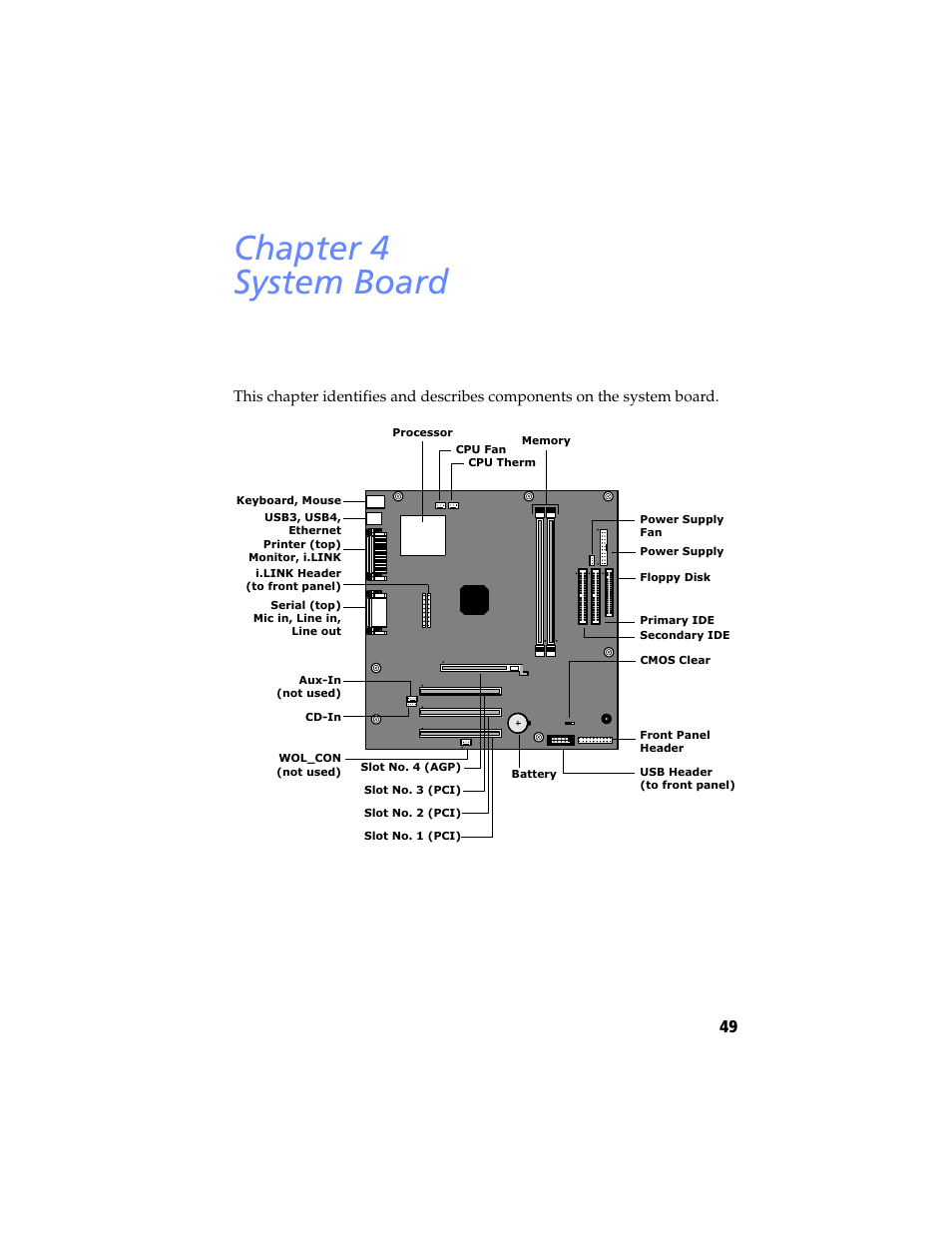 System board, Chapter 4 — system board, Chapter 4 system board | Sony PCV-RX640 User Manual | Page 61 / 92