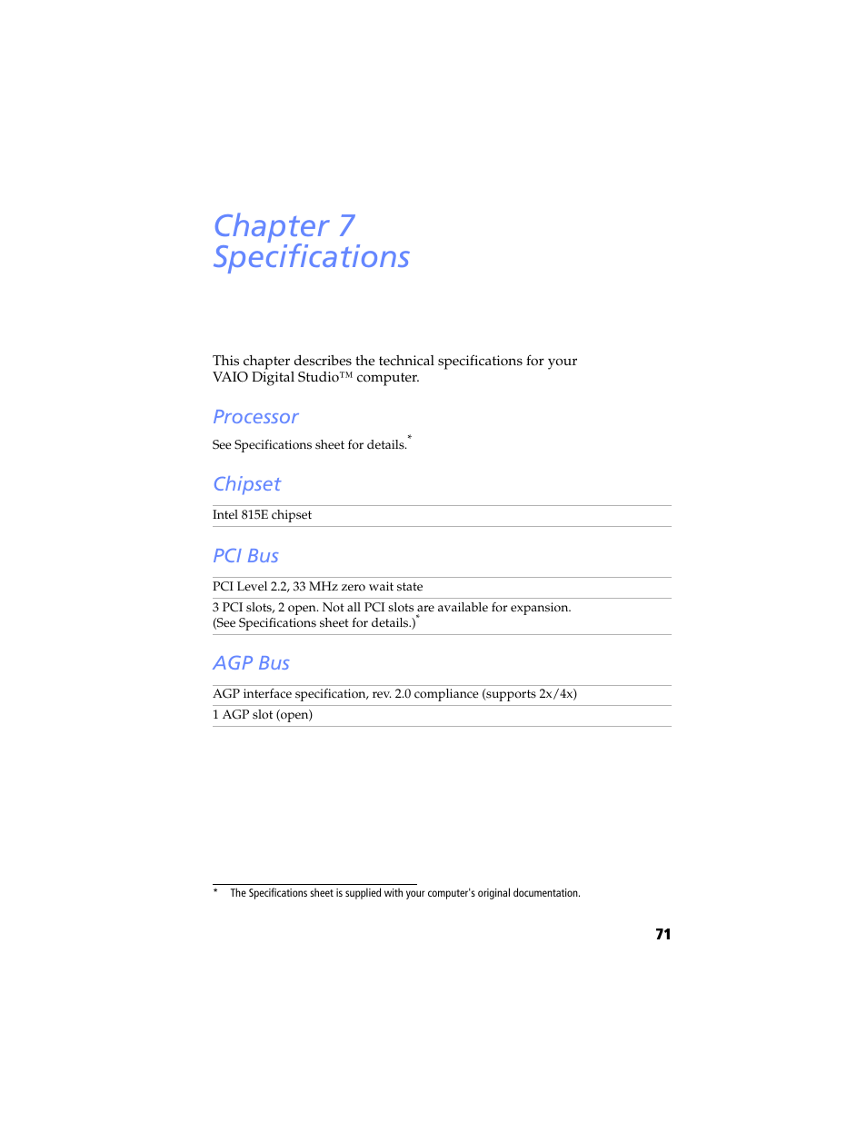 Specifications, Processor, Chipset | Pci bus, Agp bus, Chapter 7 — specifications, Processor chipset pci bus agp bus, Chapter 7 specifications, Chipset pci bus agp bus | Sony PCV-RX640 User Manual | Page 83 / 92